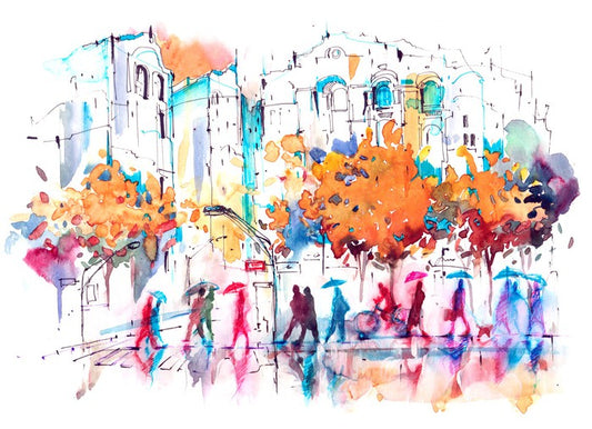 Autumn city rain