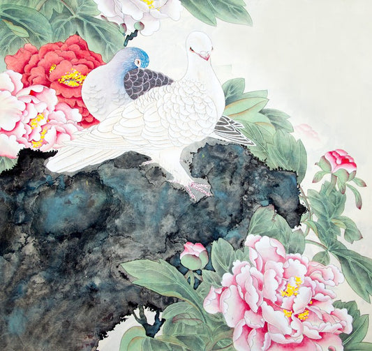 Two peony birds