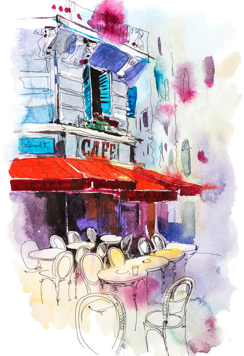 Under the red awning