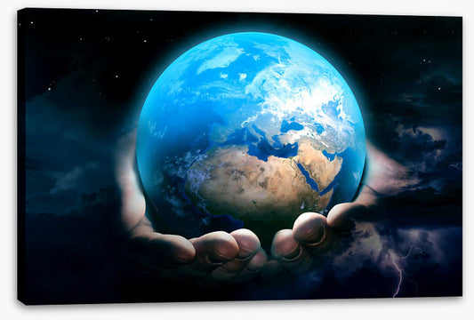 In his hands