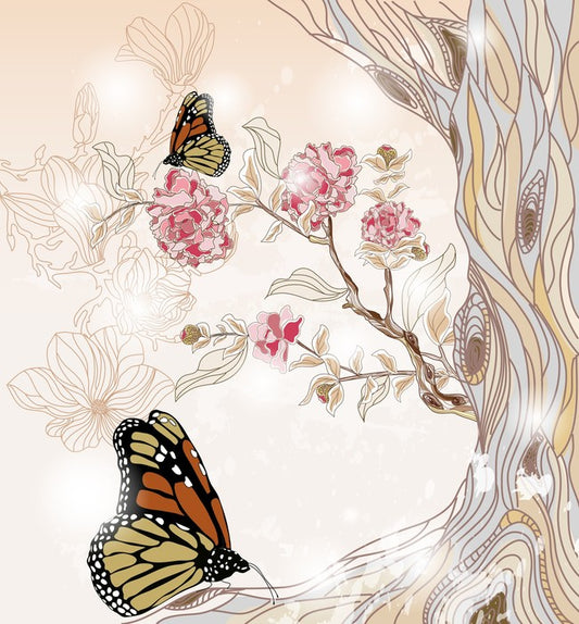 Peony branch and butterflies