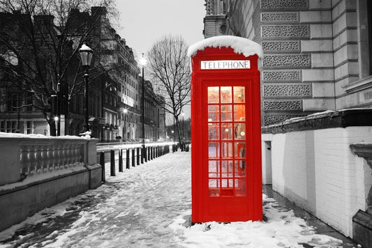 Telephone box in the snow, London