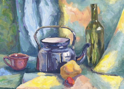 Still life with teapot and bottle