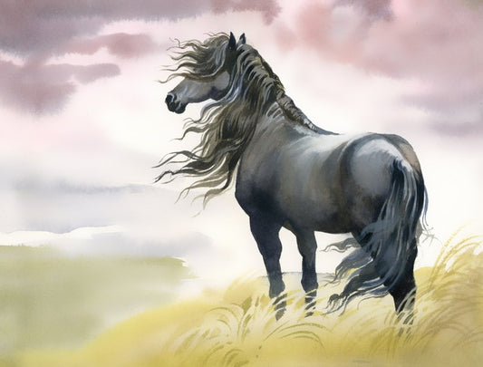 Black horse in the breeze