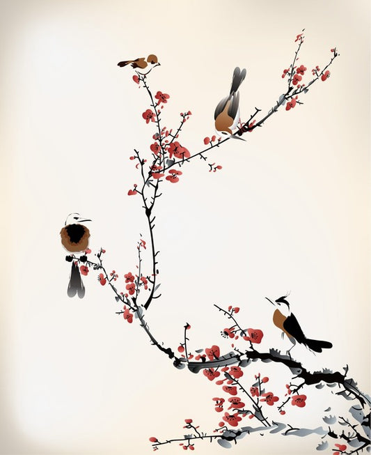 Red blossom birds