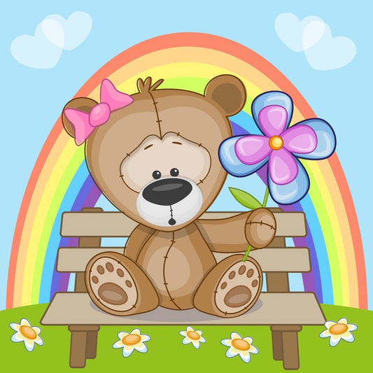 Bear with flowers and rainbow