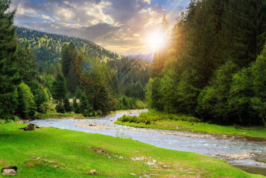 Mountain river at sunset