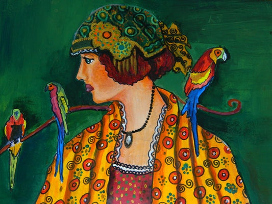 The girl with parrots