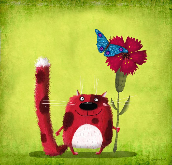 Red cat with cornflower