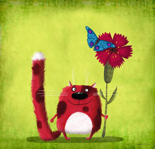 Red cat with cornflower