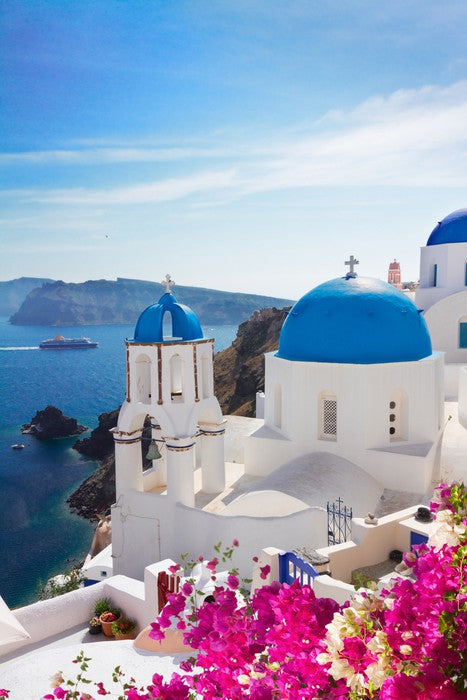 Blue domes and blossom, Santorini