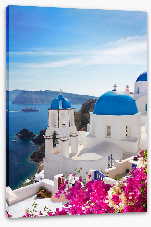 Blue domes and blossom, Santorini